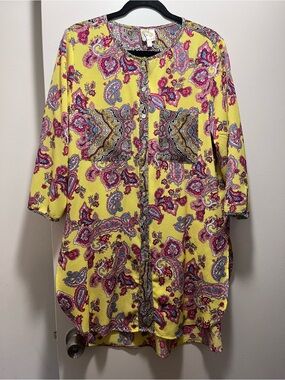 fig and flower Yellow Paisley Button-Front Top with Pink and Blue Accents